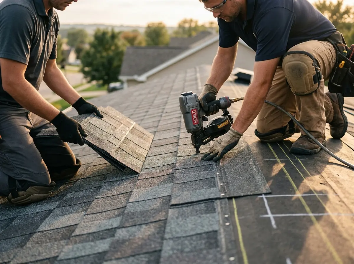 Professional roofer working on a residential roof in Kalamazoo